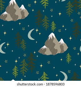 seamless vector repeat pattern with snow capped mountains, trees and night sky