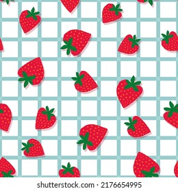 seamless vector repeat pattern with strawberry elements on a blue and white check background