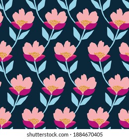 seamless vector repeat pattern with a stylised pink abstract flower in a continuous lines on a dark navy background