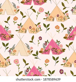 seamless vector repeat pattern with stylized floral tents on an off white background