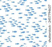 Seamless vector repeat pattern with tiny blue fish schools groups swimming on white background. Coastal, swim, poolside, tropical backdrop with ditsy blue fish