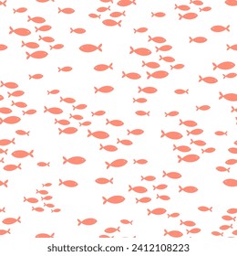 Seamless vector repeat pattern with tiny coral fish schools groups swimming on white cream background. Coastal, swim, poolside, tropical backdrop