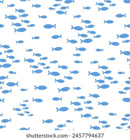 Seamless vector repeat pattern with tiny blue fish schools groups swimming on white background. Coastal, swim, poolside, tropical backdrop with ditsy blue fish