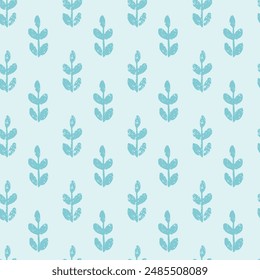 Seamless vector repeat pattern with tiny ditsy leaf branch half drop in soft aqua blues with slight weathered texture. Coastal, swim, poolside, tropical backdrop with ditsy abstract botanical shapes