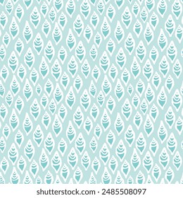 Seamless vector repeat pattern with tiny ditsy ogee costal oval shapes like shells or fish in soft aqua blue and white. Coastal, swim, poolside, tropical backdrop with ditsy abstract all over shapes