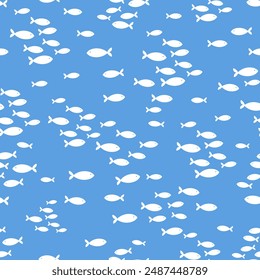 Seamless vector repeat pattern with tiny white fish schools groups swimming on bright blue background. Coastal, swim, poolside, tropical backdrop with ditsy fish schools