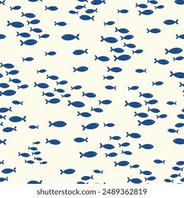 Seamless vector repeat pattern with tiny navy fish schools groups swimming on cream background. Coastal, swim, poolside, tropical backdrop with ditsy dark navy blue fish