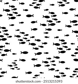 Seamless vector repeat pattern with tiny black and white swimming fish schools groups. Monochrome bw coastal, swim, poolside, tropical backdrop with ditsy fish schools