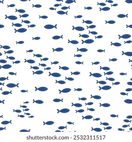 Seamless vector repeat pattern with tiny dark navy blue fish schools groups swimming on white background. Coastal, swim, poolside, tropical backdrop with ditsy deep blue fish