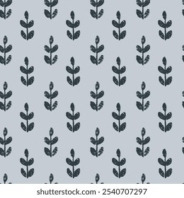 Seamless vector repeat pattern with tiny ditsy leaf branch half drop in navy blue with slight weathered texture on gray. Boho, simple, universal ditsy abstract botanical shapes.