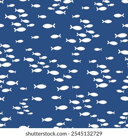 Seamless vector repeat pattern with tiny white fish schools groups swimming on dark navy blue background. Coastal, swim, poolside, tropical backdrop with ditsy deep blue fish