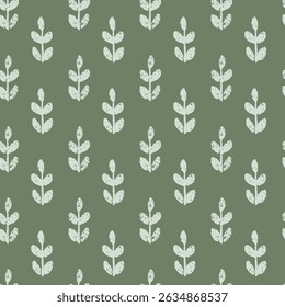Seamless vector repeat pattern with tiny ditsy leaf branch half drop in light blue with slight weathered texture on olive green. Boho, simple, universal ditsy abstract botanical shapes.