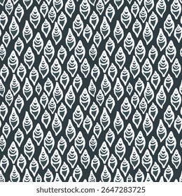 Seamless vector repeat pattern with tiny ditsy ogee costal oval shapes like shells or fish in navy blue and white. Coastal, swim, poolside, tropical backdrop with ditsy abstract all over shapes.