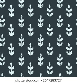 Seamless vector repeat pattern with tiny ditsy leaf branch half drop in light blue with slight weathered texture on dark navyn. Boho, simple, universal ditsy abstract botanical shapes.