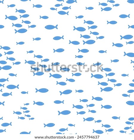 Seamless vector repeat pattern with tiny blue fish schools groups swimming on white background. Coastal, swim, poolside, tropical backdrop with ditsy blue fish