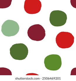Seamless vector repeat pattern with traditional Christmas colored polka dots on white. Grunge torn edge dot. Re, burgundy and green tossed xmas dot pattern.