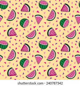 Seamless vector repeat pattern with trendy hand drawn watermelons and aztec geometric shapes. 