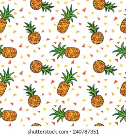 Seamless vector repeat pattern with trendy hand drawn pineapples and aztec geometric shapes. 