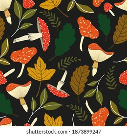 seamless vector repeat pattern with various illustrated mushroom and leaf varieties in full colour on a black background