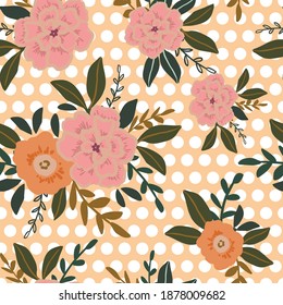 seamless vector repeat pattern with vintage floral design on a pink polka dot background