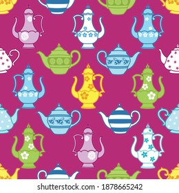 Seamless vector repeat pattern with vintage teapots and flower motifs on a dark red background. Perfect for gift wrap, scrapbooking, packaging, textile, wallpaper projects.