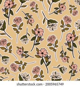 seamless vector repeat pattern with vintage style flowers with cut-out effect on a light background