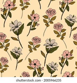 seamless vector repeat pattern with vintage style flowers in a graphic style on a light background