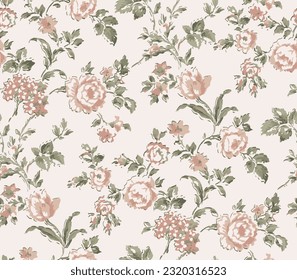 seamless vector repeat pattern with watercolour wild roses, romantic mood, boho-vintage chic