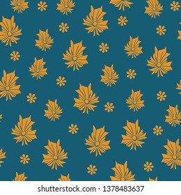 Seamless vector repeat pattern with yellow orange flowers on turquoise background. Floral wallpaper design.