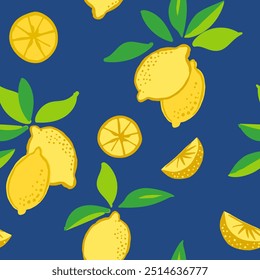 Padrão de repetição de vetor sem costura com limões amarelos e folhas verdes jogam no chão azul-marinho escuro. Frutas de verão, natação, design de praia, suco, comida, piquenique, cozinhar, mediterrâneo, fundo de comida italiana