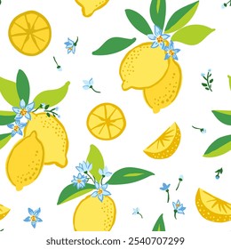 Patrón de repetición de Vector sin fisuras con limones amarillos y flores azules de flor arrojan sobre suelo blanco. Fruta de verano, nadar, diseño de playa, jugo, comida, picnic, cocina, mediterráneo, comida italiana de fondo