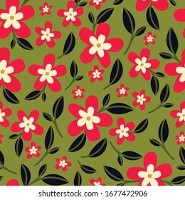 Seamless vector repeat, pink flowers and navy leaves in a random repeat design on an olive green background 