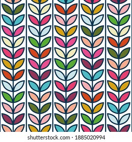 seamless vector repeat retro style pattern with leaves and continuous stems arranged in rows in bright colours on white background