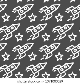 Seamless vector repeat rockets and stars pattern. White stroked spaceships in cosmic space background. Illustration for kids. Available for fabric, design, textile, advertising banner