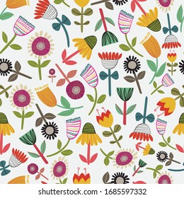 nahtlose Vektorillustration wiederholen, skandinavisches Muster, modernes Blumenmuster, mehrfarbig