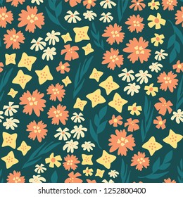 Seamless vector repeat scattered flowers pattern. Hand drawn florals background teal, yellow, orange. Scandinavian doodle flat ditsy flowers. Great for spring, summer, fall, fabric, paper, card, dress