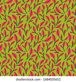 Seamless vector repeat, simple graphic leaf pattern in bright pink and green