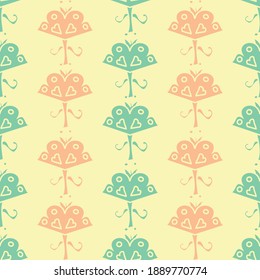 Seamless vector repeat simple shape pattern inspired by 60s design in dusky blue green and pink on a lemon background