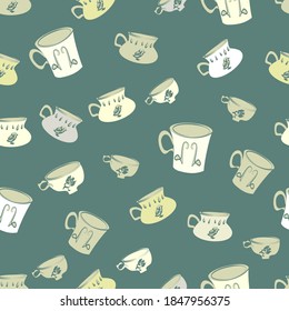 Seamless vector repeat tea cup art pattern of varying shades of magnolia on a teal green backdrop. Cute and quirky, great for surface design, this design is sweet, pretty and fun for kitchen decor.