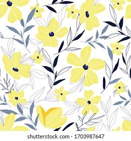 seamless vector repeat, yellow summery floral pattern with leaves and botanical line art in yellow and navy blue, perfect for fabric, home decor