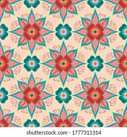Seamless vector repeatable pattern of formal flowers in peach, teal and aqua. Vintage inspired with a modern palette twist making this a fresh, pretty and trendy apparel or interior decor print. 