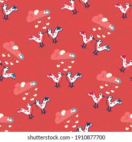 Seamless vector repeatable valentine's pattern with cute love birds standing under clouds with hearts scattered on a glowing red background