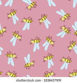 Seamless vector repeating bumblebee design in yellow and black in a scattered arrangement isolated on pink. Cute, fun, cheerful and quirky, a great choice for kids surface design and fabric print.
