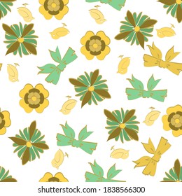 Seamless vector repeating Christmas pattern of flowers, bows and birds in a scattered design isolated on white. Great for Christmas surface design, gift wrap. Cute, retro inspired in gold and duck egg