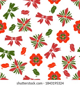 Seamless vector repeating Christmas pattern of flowers, bows and birds in a scattered design isolated on white. Great for Christmas surface design, gift wrap. Cute, retro inspired in red and green.