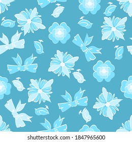 Seamless vector repeating Christmas pattern of flowers, bows and birds in a scattered design isolated on blue. Great for Christmas surface design, gift wrap. Cute, retro inspired in shades of blue.