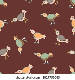Seamless vector repeating colourful  bird pattern in beige, green and orange on a burgundy brown background. Cute feathered friends in autumnal shades make a great surface design or fabric print.