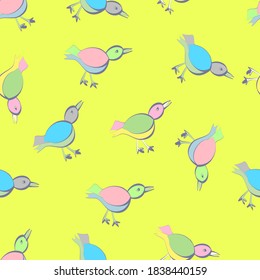 Seamless vector repeating colourful  bird pattern in pink, green and blue on a vibrant yellow background. Cute feathered friends in multicoloured   shades make a great surface design or fabric print