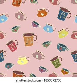 Seamless vector repeating crockery pattern in scattered arrangement on a pink background. Cute and quirky surface design in cheerful multicolour. Food and drink hand drawn artwork. Fun and colourful.