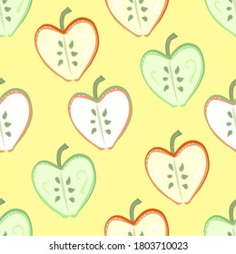 Seamless vector repeating fruit pattern of cross sectioned red and green apples on a lemon background. Great for summer and autumn projects, this makes a quirky fabric or surface print. Sweet and cute